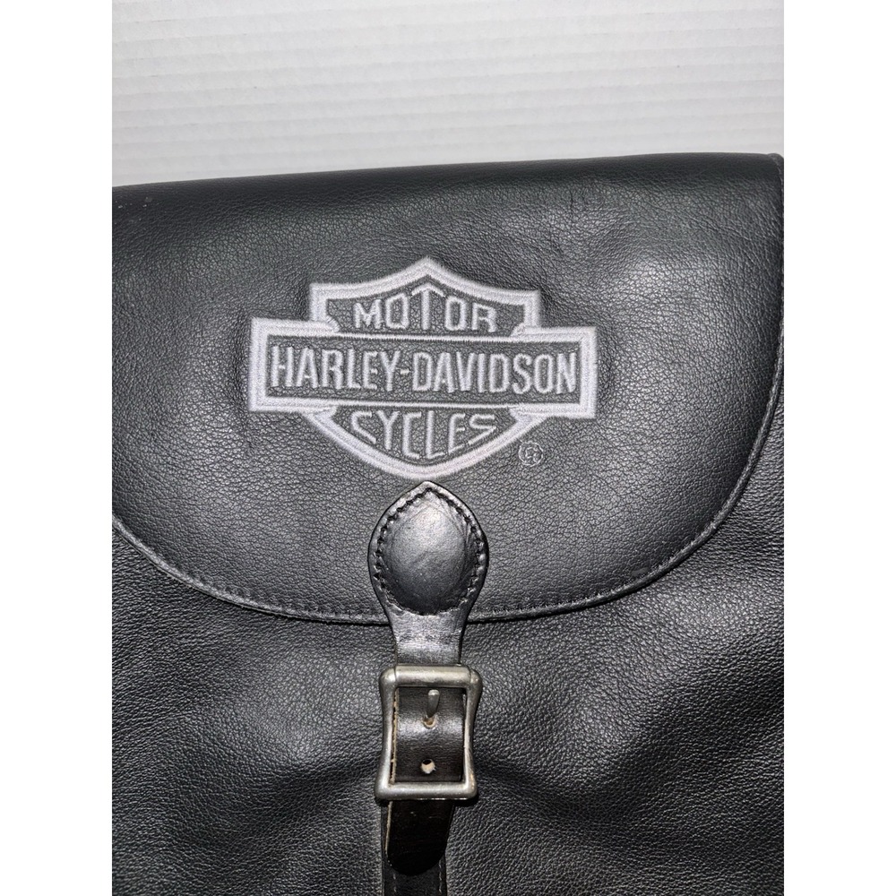 Vintage Harley Davidson Black/White Speckled Leather Backpack/Bar & Shield - Picture 2 of 9